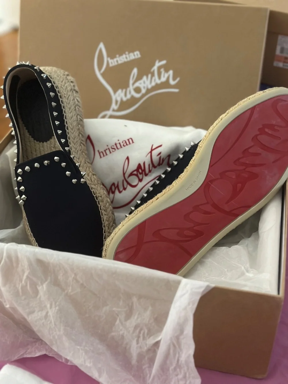 Christian Louboutin Espaboat Flat Toile Obscur Dark Navy Blue Silver Spike 39